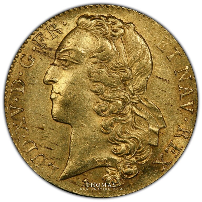 gold Double louis or 1744 A Trésor rue mouffetard obverse pcgs ms 63