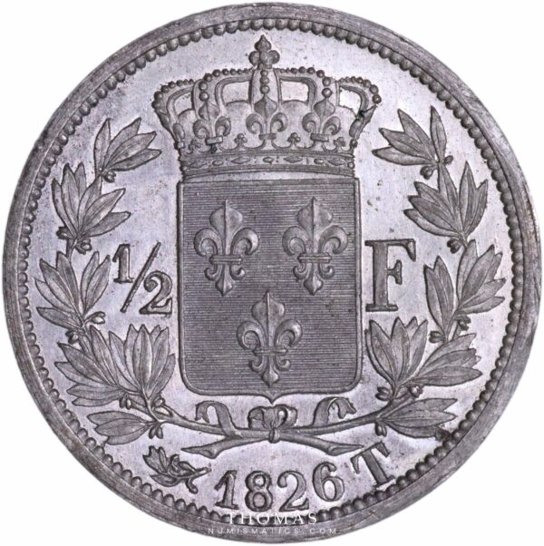 Revers inédit d'un essai de 1/2 franc 1826 T de Charles X pour Nantes