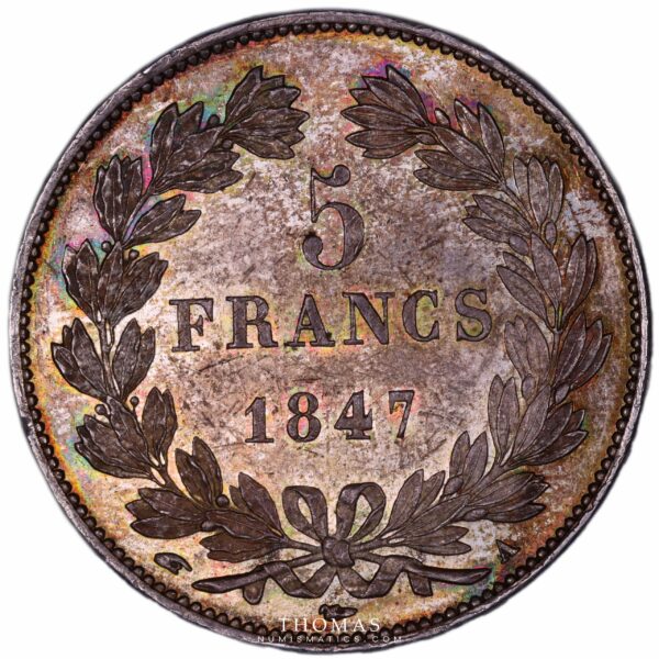 Revers de monnaie moderne de la 5 francs en argent 1847 A Paris de louis philippe Ier