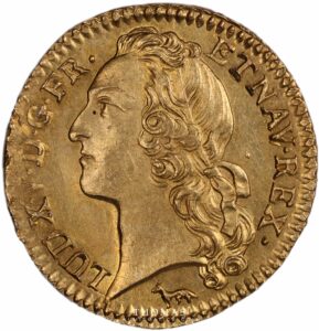 French royal coin Louis XV gold The Treasure of Rue Mouffetard louis or bandeau 1753 A obverse