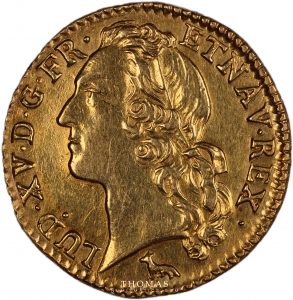 Avers du louis d'or au bandeau de louis XV 1753 A de la découverte du trésor de la rue mouffetard