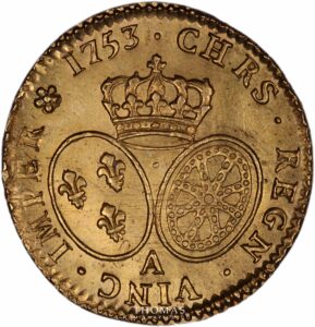 French royal coin Louis XV gold The Treasure of Rue Mouffetard louis or bandeau 1753 A reverse