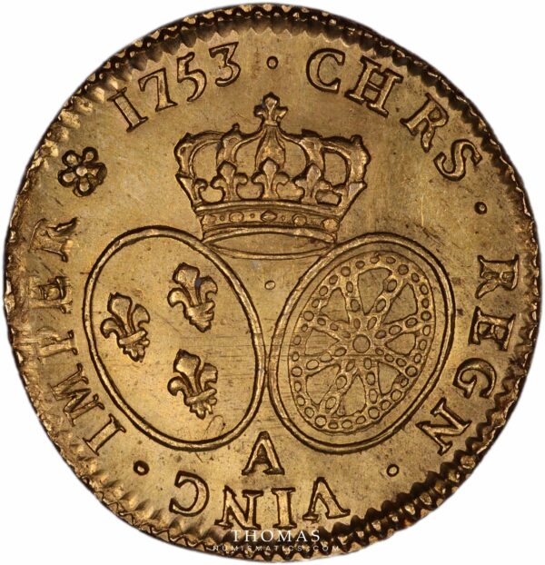 Superbe revers du louis d'or au bandeau de louis XV 1753 A du trésor de la rue mouffetard de la vente bourgey