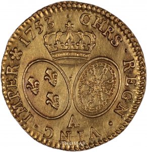 Revers du louis d'or au bandeau de louis XV 1753 A de la découverte du trésor de la rue mouffetard