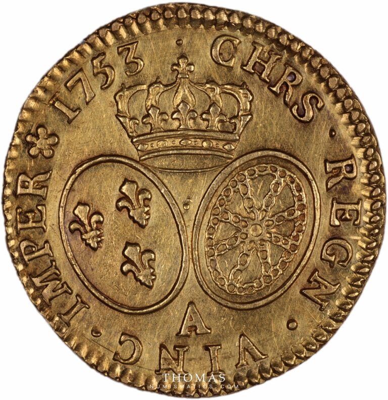 French royal coin louis xv mouffetard treasure Louis gold or bandeau 1753 A reverse-2
