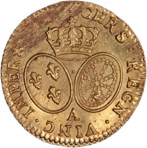 Revers du louis d'or au bandeau de louis XV 1753 A du trésor de la rue mouffetard