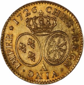 French royal coin louis xv mouffetard  The Treasure of Rue Mouffetard louis or lunettes 1726 A reverse