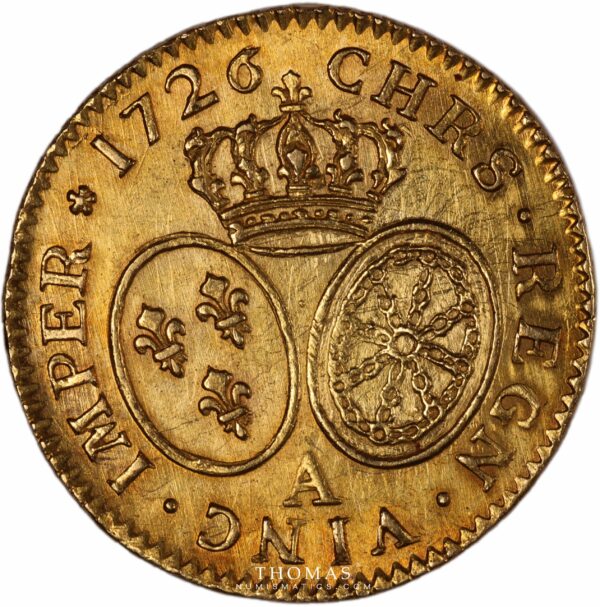 Revers du louis d'or aux lunettes de louis XV 1726 A Paris provenant du trésor de la rue mouffetard