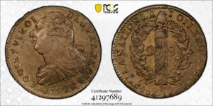 french coin louis xvi constitution 2 sols 1792 R pcgs ms 63