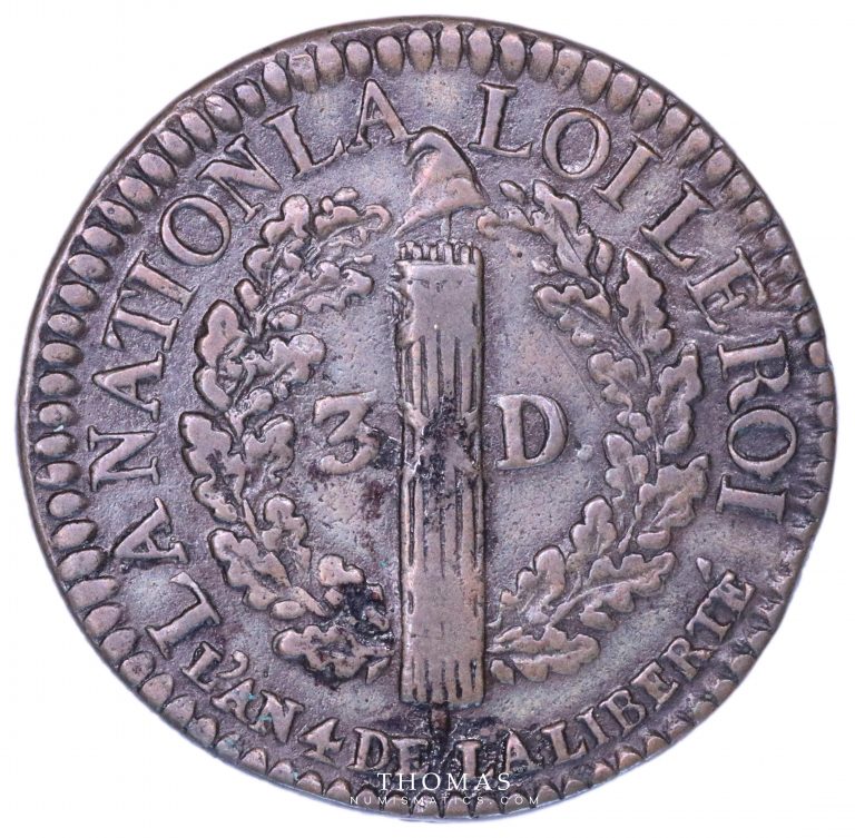 Monnaie louis xvi constitution 3 deniers 1792 DL Roanne revers