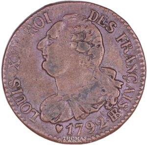 Monnaie ancienne louis xvi constitution 6 deniers 1792 BB Strasbourg avers