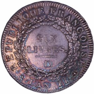 Avers de monnaie Louis xvi de la convention de l'écu de 6 livres 1793 D Lyon