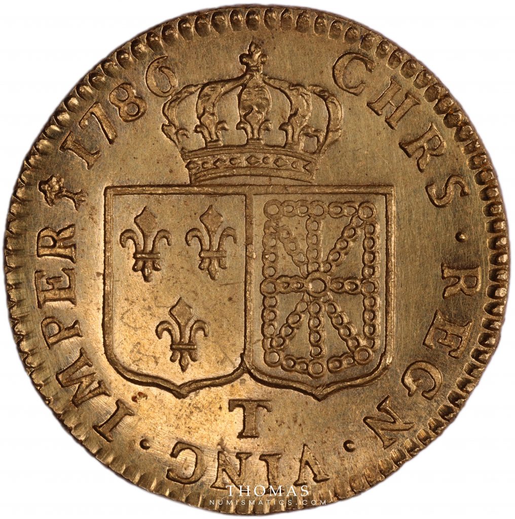 Superbe revers de pièce Louis XVI de louis d'or à la tête nue 1786 T Nantes du trésor de vendée