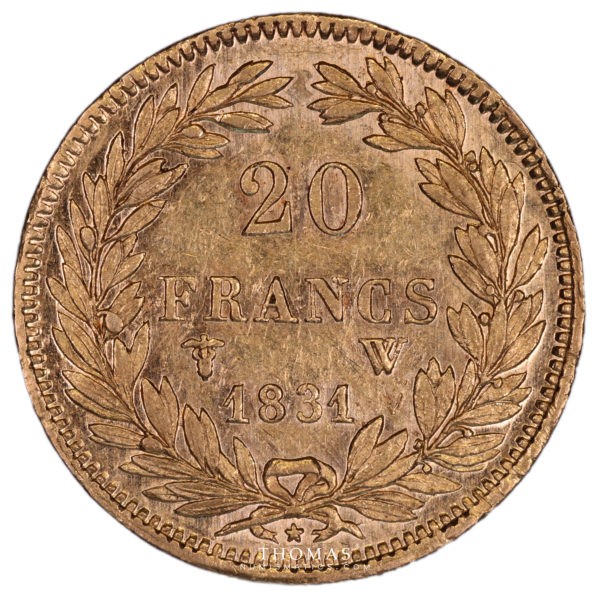 Revers de pièce de la 20 francs or louis philippe Ier 1831 W Lille