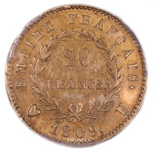 Revers de monnaie moderne de la 20 francs or napoleon I 1809 U Turin gradée PCGS AU 55