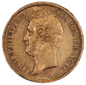Avers de pièce de la 20 francs or louis philippe Ier 1831 W Lille