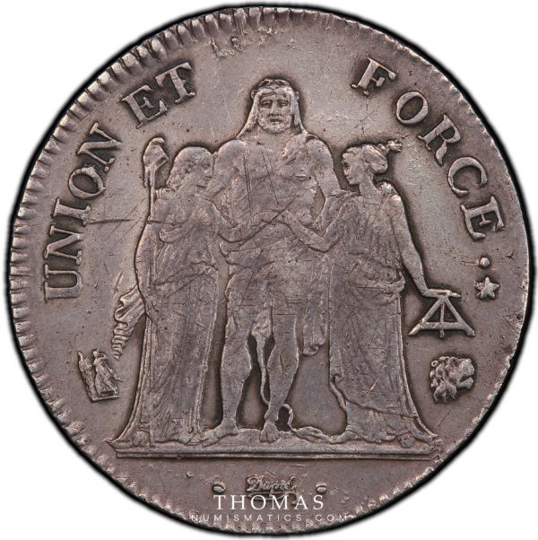 monnaie moderne 5 francs union et force an 7 L bayonne avers PCGS Au details