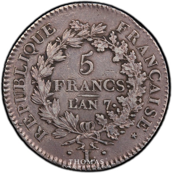 monnaie moderne 5 francs union et force an 7 L bayonne revers PCGS Au details