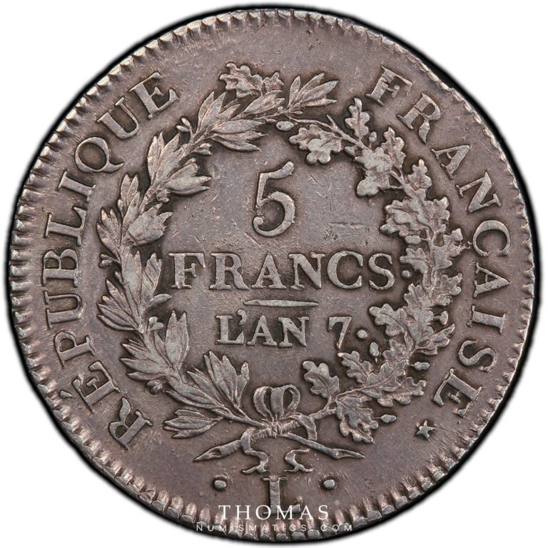 modern French 5 francs union et force an 7 L bayonne reverse PCGS Au details