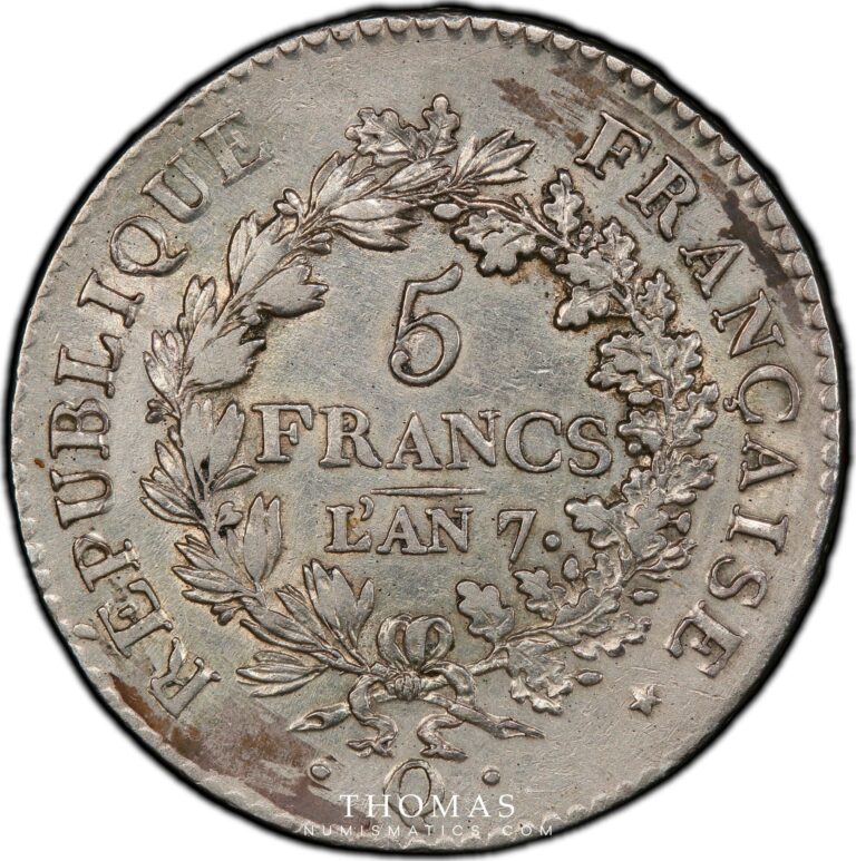 Reverse modern French coin 5 francs union et force an 7 Q Perpignan PCGS au details