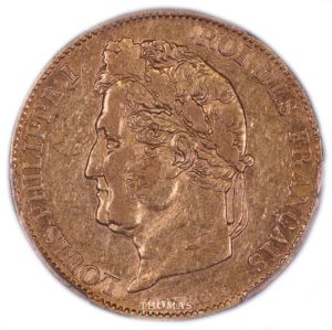Avers de la 20 francs or de louis philippe Ier 1845 W Lille certifiée PCGS XF 45
