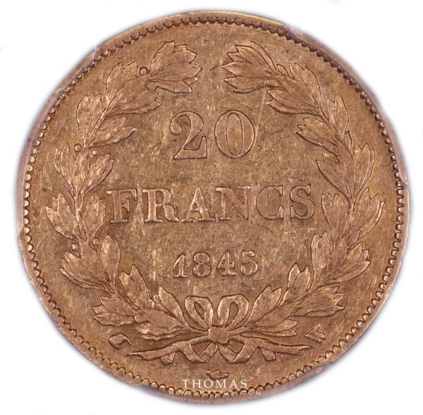 Revers de la 20 francs or de louis philippe Ier 1845 W Lille certifiée PCGS XF 45