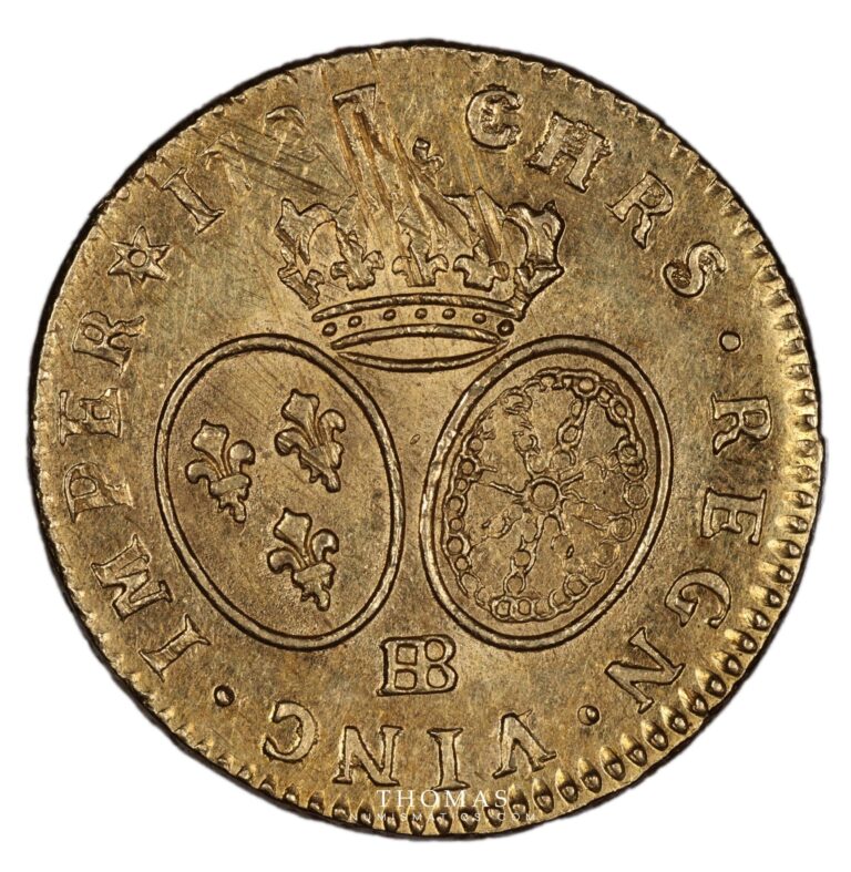 French royal coin Gold - Louis d'or lunettes The Treasure of Rue Mouffetard 1727 BB reverse