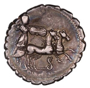 Revers de monnaie romaine du denier de Procilia Serratus