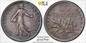 Monnaie moderne française de 50 centimes semeuse 1897 sur flan mat PCGS sp 63