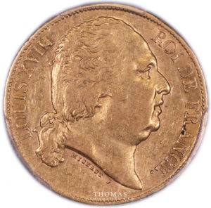 20 francs or louis xviii sans tête de cheval 1820 A Paris avers