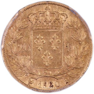 20 francs or louis xviii sans tête de cheval 1820 A Paris revers