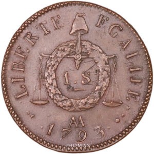 Monnaie royale de la convention 1 sol 1793 AA pour Metz refrappe revers