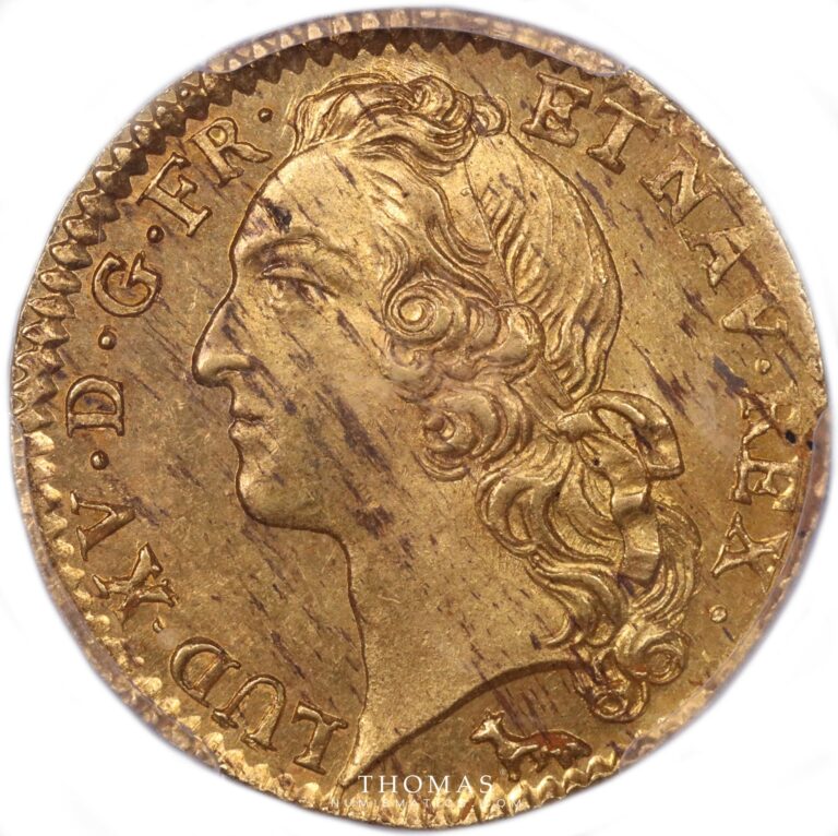 Gold Louis d'or au bandeau pcgs ms 63 treasure of rue mouffetard obverse