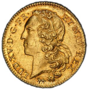 gold double louis or bandeau treasure of rue mouffetard 1744 A Paris obverse PCGS MS 61