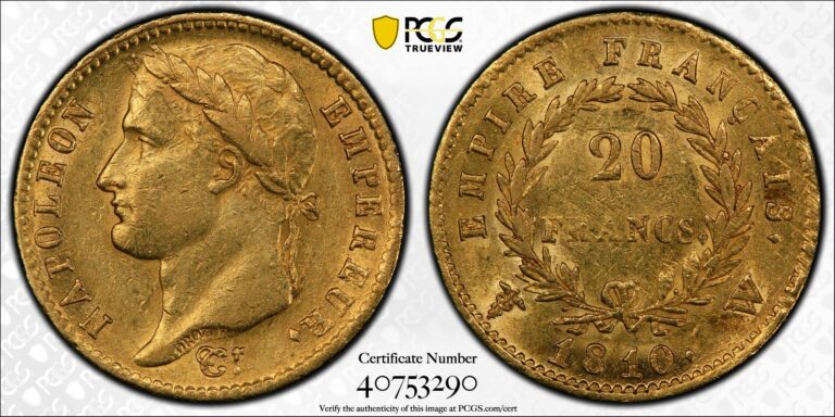 Gold 20 francs or 1810 W Lille PCGS