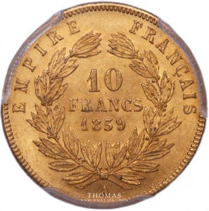 10 francs or 1859 A paris pcgs ms 65 napoleon revers