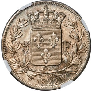 5 francs louis xviii ngc ms 65 1822 W revers