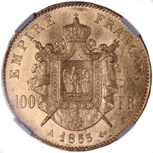 ngc MS 61 - 100 francs or - 1855 A - cert 2785335-003 revers