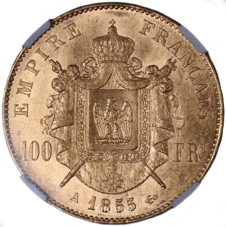 ngc MS 61 - 100 francs or 1855 A - cert 2785335-003 reverse
