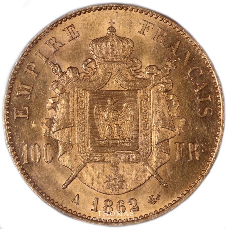 PCGS 1862 A AU 58 - gold 100 francs or - cert 33733180 reverse