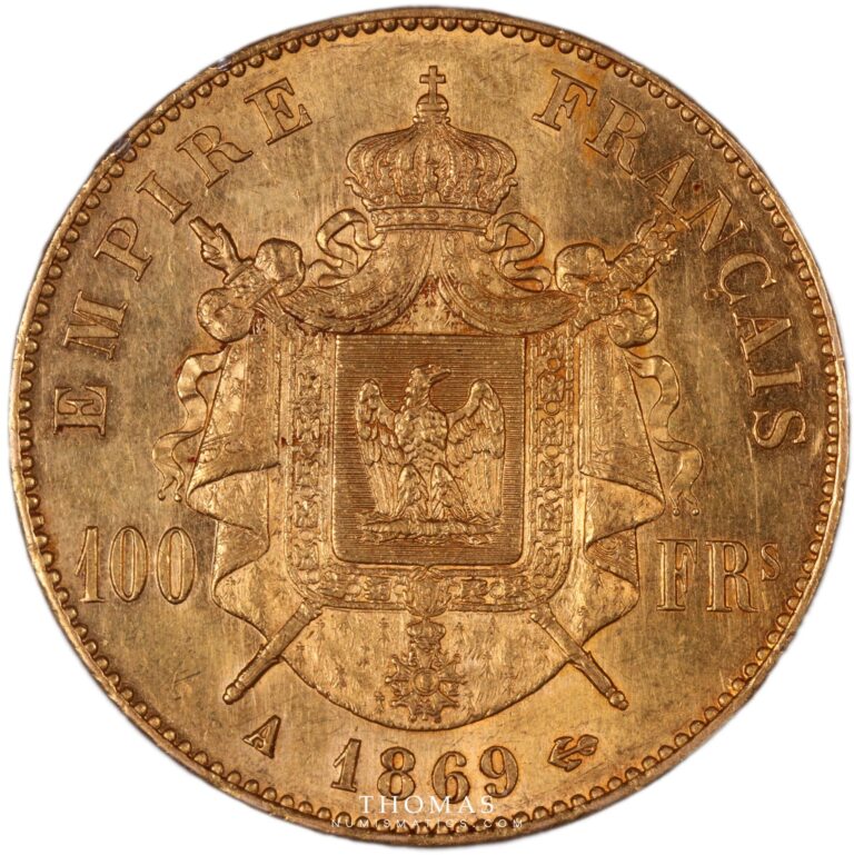 100 francs gold or 1869 A reverse PCGS MS 61