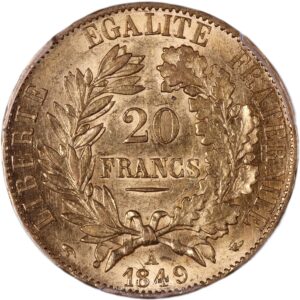 20 francs gold or ceres 1849 A reverse PCGS AU 58