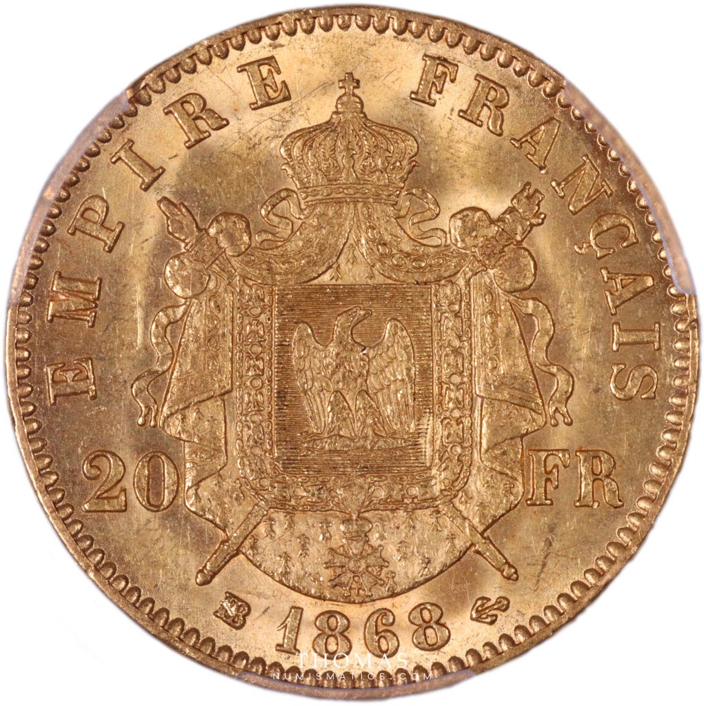20 francs or pcgs ms 62 revers 1868 BB