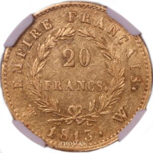 20 francs or gold napoleon 1813 W PCGS AU 58 reverse