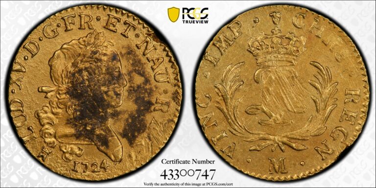Louis xv gold louis dor mirliton 1724 M  PCGS saltwater PCGS treasure chameau-2