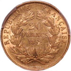 Napoleon III 20 francs or 1852 A reverse
