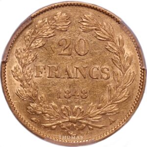 gold 20 francs or 1848 A reverse louis philippe I PCGS AU 53