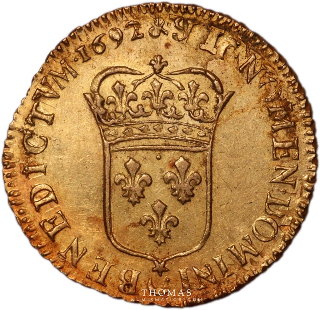 louis xiv gold or a lecu 1692 aix reverse treasure of Plozevet