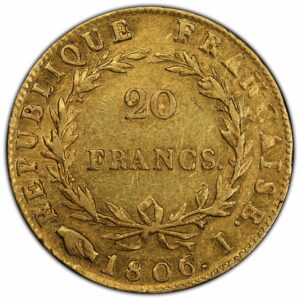 Napoleon 20 francs or 1806 I reverse PCGS AU 50