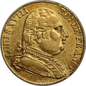 20 francs or louis xviii 1815 R PCGS AU 53 avers